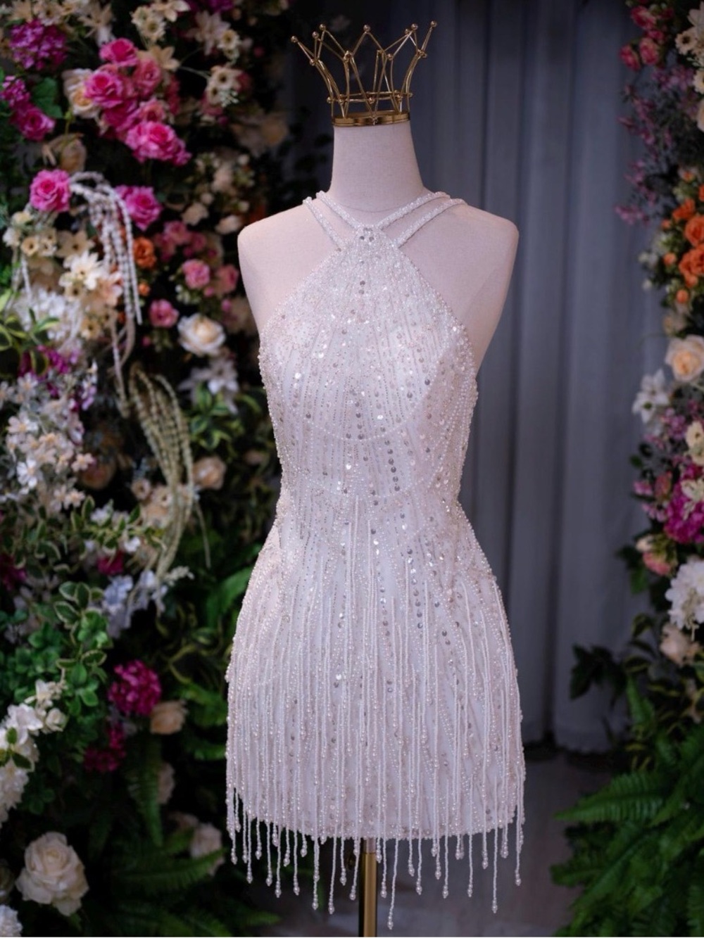 White Beaded Halter Mini Dress - Elegant Cocktail Dress